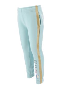 Hellblaue Jogginghose mit einem glitzernden goldenen Streifen an der Seite und einem bedruckten Charakterdesign am unteren linken Bein. Weicher Stoff, elastischer Bund.