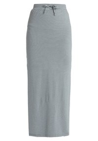 Jupe longueur genou à rayures horizontales grises et blanches avec une taille élastique à cordon.