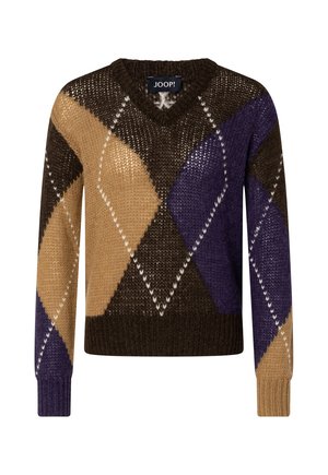 Sweter z dzianiny z dekoltem w serek, dużym wzorem argyle w kolorach brązu, beżu i fioletu oraz ściągaczami na mankietach i u dołu.