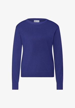 Blå strikket pullovertrøje med lange ærmer, rund halsudskæring og ribbede manchetter og kant. Glat tekstur, afslappet pasform, minimalistisk design.