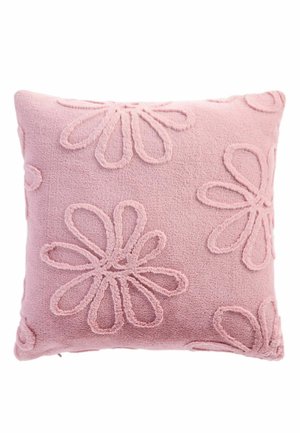 Weiches rosa quadratisches Kissen mit erhabenen, strukturierten großen Blumenmustern, die gleichmäßig auf der Stoffoberfläche verteilt sind.