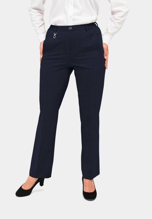 Marineblauwe broeken met een normale pasvorm, voorzien van een knoopsluiting, elastische tailleband en zilveren details. Glad textuur, recht pijpdesign.