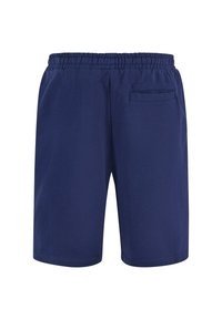 Navy blue elastic waistband shorts with a back pocket; made of smooth fabric, featuring a simple design and straight cut.