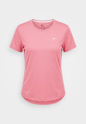 Pinkes Nike Dri-FIT kurzärmeliges Sport-T-Shirt mit Rundhalsausschnitt und weißem Nike-Swoosh-Logo auf der Brust.