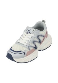 Sneaker bianco e grigio con materiale in rete, caratterizzato da un design ondulato navy, accenti rosa chiaro e lacci bianchi. Suola spessa per un ottimo supporto.