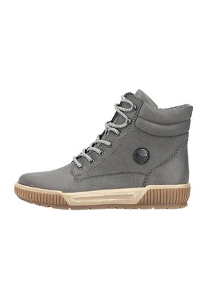 Gray high-top sneaker with textured leather, rubber sole, and silver laces. Features a round logo and a padded ankle collar for comfort.