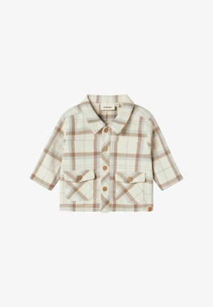 Kreemjas ja pruunis toonides ruuduline särk, millel on kaelus, nööbiga esikülg, kaks rinna taskut ja kerge tekstuur. Lühikesed varrukad.