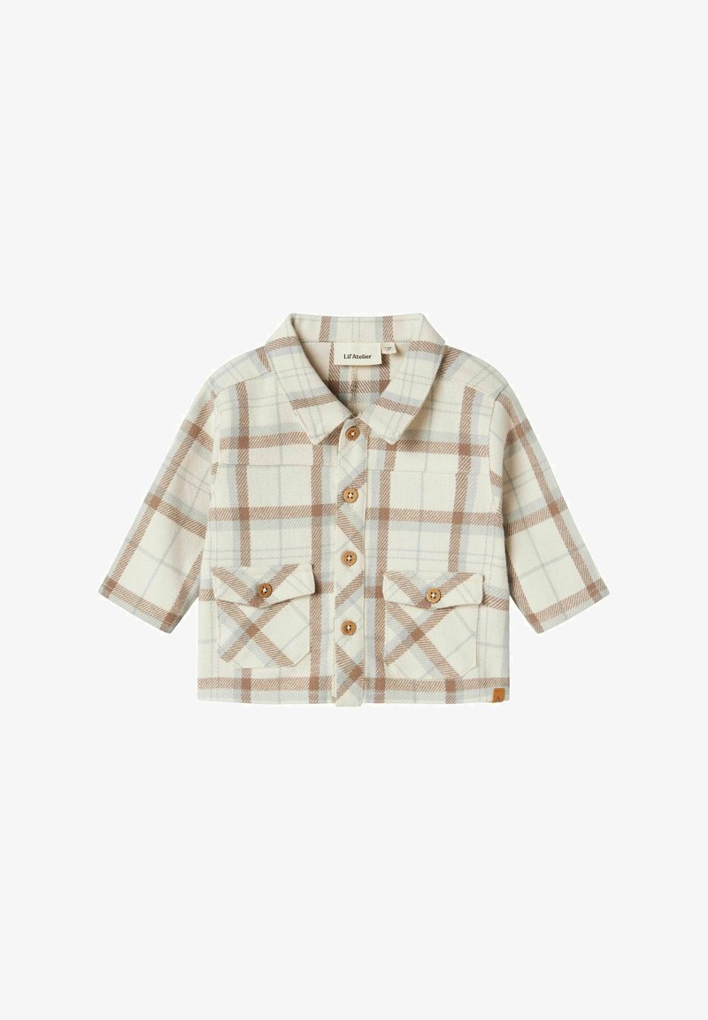 Geruite blouse in roomkleurige en bruine tinten, met een kraag, knopen aan de voorkant, twee borstzakken en een lichte textuur. Korte mouwen.