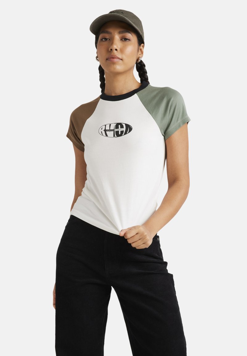 Short-sleeve raglan t-shirt with white body, olive green and brown sleeves, featuring a black logo in the center. Paired with black pants.