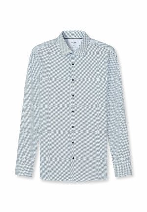 Weißes Hemd mit langen Ärmeln, kleinem schwarzem geometrischem Muster, schwarzen Knöpfen und klassischem Kragen, Größe 40.