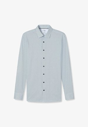 Witte overhemd met lange mouwen, voorzien van een klein zwart geometrisch patroon, zwarte knopen en een klassieke kraag, maat 40.