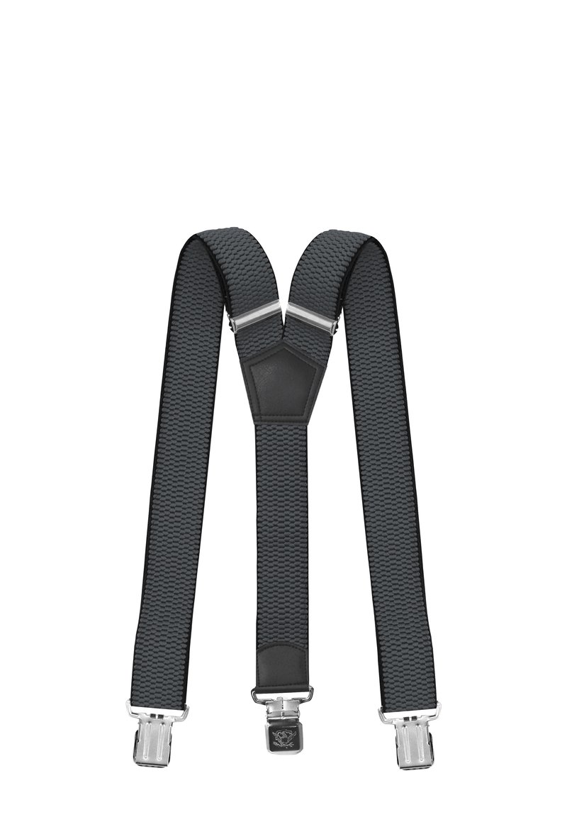 Schwarze elastische Hosenträger mit einem strukturierten Muster, ausgestattet mit Metallclips und einem zentralen Lederverbinder für Stabilität und Unterstützung.