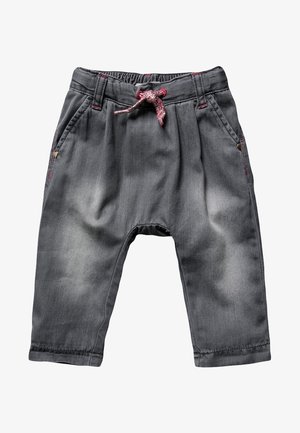 Pantalon en denim gris avec taille élastique et détail lien, doté de poches avant, d'une coupe décontractée et d'un léger effet délavé.