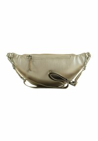 Sac bandoulière en cuir beige avec poche avant zippée, sangle ajustable et fermoirs métalliques argentés, posé à plat sur un fond blanc.
