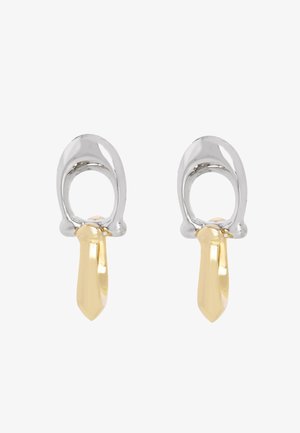 Ohrringe in Silber- und Goldtönen mit einem glatten, abgerundeten Design und einem spitzen Goldakzent. Die polierte Oberfläche verstärkt die reflektierenden Eigenschaften.