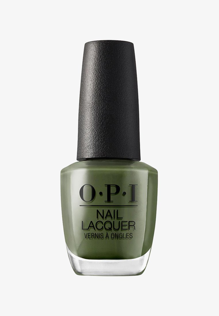 Flacone di smalto per unghie OPI verde con tappo nero testurizzato e nome del marchio e del prodotto stampati sul davanti.