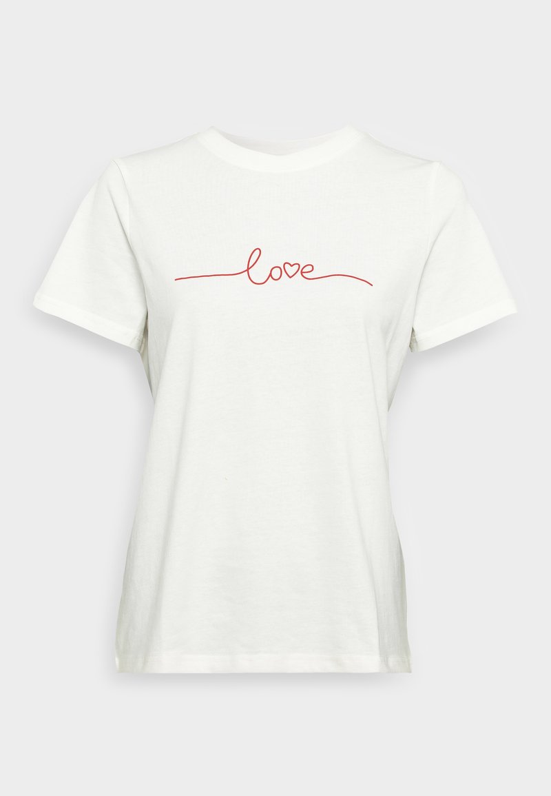 Hvit bomulls t-skjorte med korte ermer og rund hals, med en rød kursiv "love" grafikk over brystet.