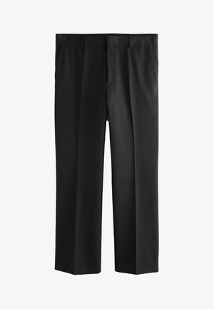 Pantaloni neri in tessuto liscio, con design a gamba dritta, fronte piatto e due tasche laterali. Senza motivi o accenti visibili.