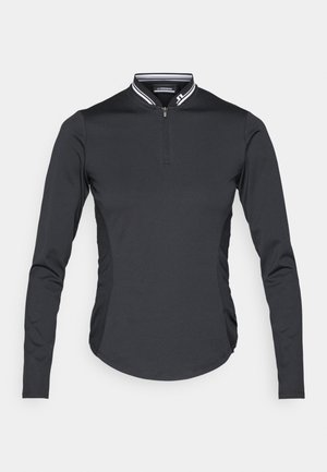 Black long-sleeve top with a quarter zip, featuring a white striped collar and textured side panels. Smooth fabric, rounded hem.