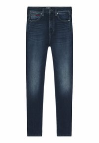 Jeans de mezclilla azul oscuro con un diseño de pierna recta. Las características incluyen costuras visibles, bolsillos frontales y un cierre de botones.
