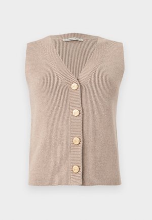 Μπεζ αμάνικη ζακέτα από ριμπ πλεκτό ύφασμα με V-λαιμόκοψη και πέντε χρυσά διακοσμητικά κουμπιά κατά μήκος του μπροστινού μέρους.
