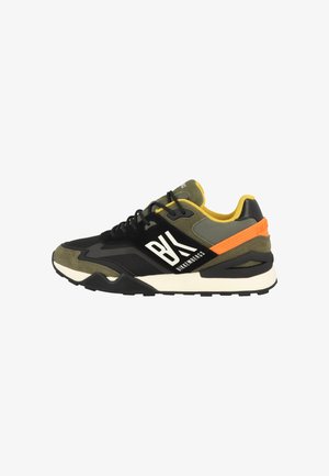 Black, olive green, and orange athletic sneaker with white sole, black laces, and "BX Bikkembergs" branding on the side.