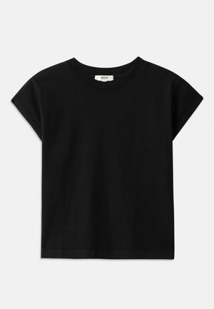 Black cotton t-shirt with a round neck, short cap sleeves, and a straight cut. Smooth texture with minimal detailing.