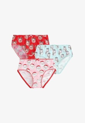 Three pairs of children's underwear: red with reindeer pattern, light blue with snowmen, and pink with Santa faces, all with decorative trim.