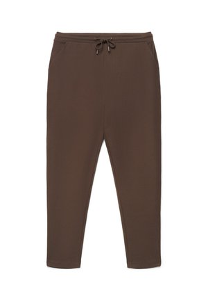 Brown tapered sweatpants with an elastic waistband and drawstring, featuring side pockets and ankle-length cuffs.