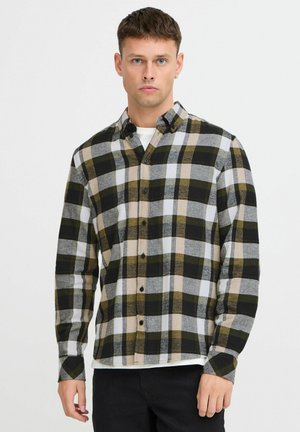 Long-sleeve checkered shirt featuring black, green, grey, and beige plaid design. Made of textured fabric with a button-down collar.