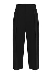 Svarta skräddarsydda byxor med hög midja, frontveck, vida ben och en slät tygstruktur. Minimalistisk design, utan synliga detaljer.