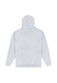 Felpa con cappuccio grigio chiaro, maniche lunghe, polsini e fascia in costina, vista da dietro su uno sfondo bianco.