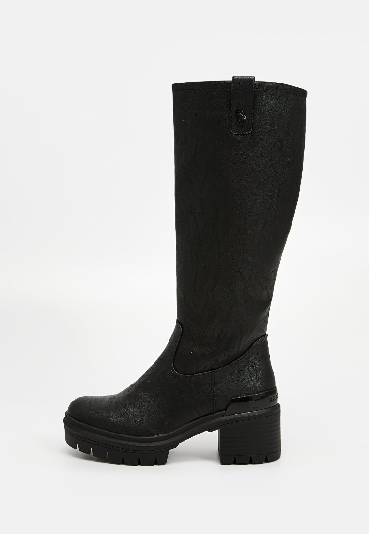 Bottes noires jusqu'aux genoux en matériau synthétique texturé, avec un talon épais, un bout arrondi et un design lisse et simple.