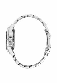 Orologio da polso in metallo argentato con quadrante nero, bracciale in acciaio inossidabile, bezel texture e corona laterale per la regolazione dell'ora.