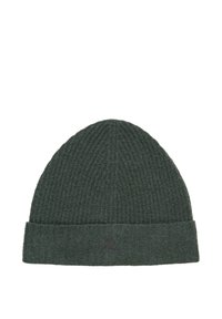 Zielona dzianinowa czapka typu beanie z prążkowaną faktur�ą i podwiniętym brzegiem. Na przedniej części brzegu znajduje się subtelne logo. Wykonana z miękkiego materiału.
