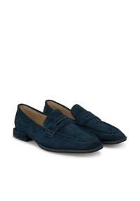 Navy-Suede-Slipper mit niedrigem rechteckigem Absatz, ausgestattet mit Nahtdetails und einem rechteckigen Riemen über dem Spann. Glattes Innenfutter.