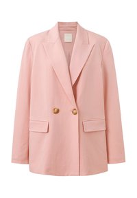 Rosa doppelbrüstiger Blazer mit maßgeschneidertem Design, zwei Vorderstaschen und goldenen Knöpfen. Hergestellt aus einem weichen, glatten Stoff.