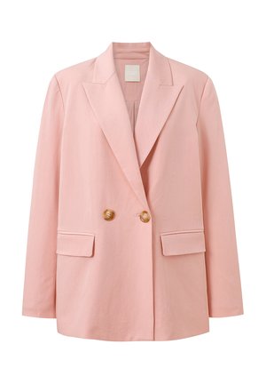 Pink double-breasted blazer with a tailored design, two front pockets, and golden buttons. Made from a soft, smooth fabric.