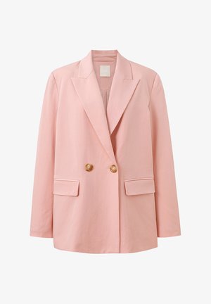 Roze double-breasted blazer met een op maat gemaakt ontwerp, twee voorzakken en gouden knopen. Gemaakt van een zachte, gladde stof.