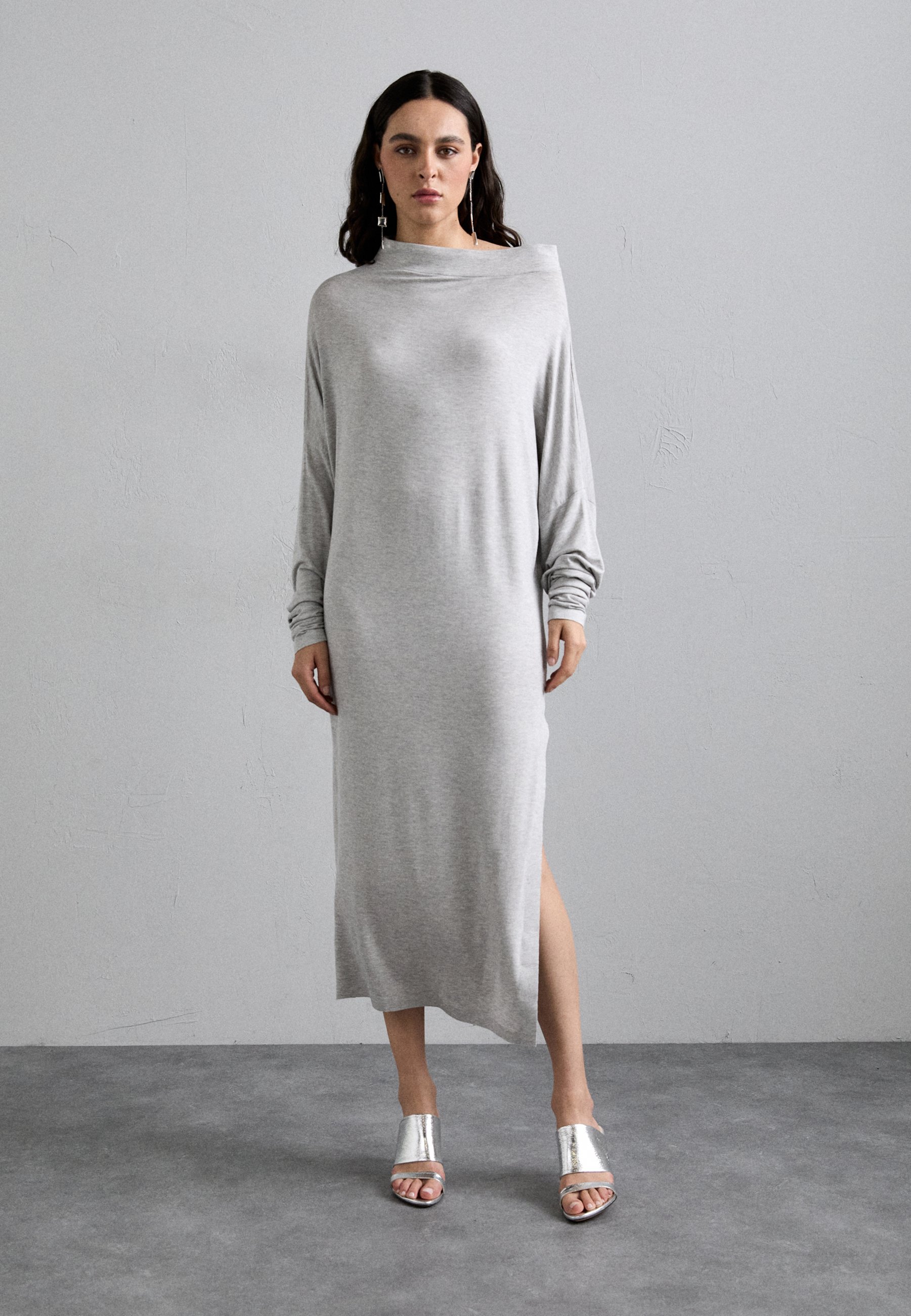 slim fit dress slacks Handmade Light Gray Wool Dress Coat – Elegant Belted Winter Midi Dress