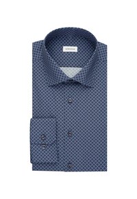 Camicia a fantasia blu navy in cotone con stampa geometrica, chiusura frontale con bottoni e colletto classico. Include un polsino coordinato.