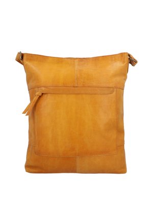 Bolso de hombro de cuero color canela con bolsillo delantero con cremallera y correa ajustable, mostrando textura natural y detalles de costuras.