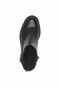 Botte de cheville en cuir noir avec une finition lisse, bout arrondi et accent de fermeture éclair décoratif. Dispose d'un bord texturé et d'un logo à l'intérieur.