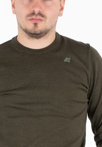 Maglione a maniche lunghe verde oliva in maglia, con colletto rotondo e piccolo logo sul petto. Tessuto morbido e silhouette aderente.