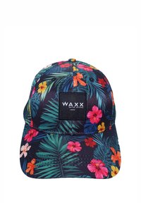 Casquette florale avec un fond marine, ornée de fleurs vives en rose, orange et jaune. Comprend un patch logo noir à l'avant.