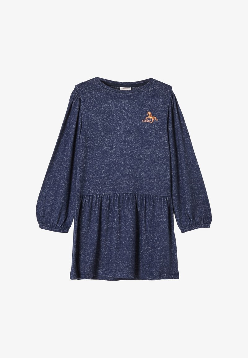 Robe longue à manches longues pour fille, bleue avec des poignets élastiques, taille froncée, et petit cheval orange brodé avec un texte sur la poitrine.