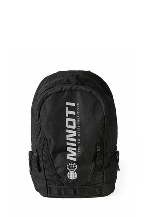 Sac à dos noir avec plusieurs compartiments zippés et un logo vertical "MINOTI CONNECTED TWENTY-FOUR-SEVEN" sur le devant.