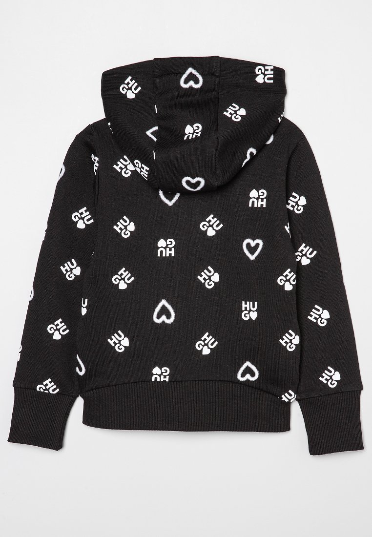Czarny krótkie bluza z kapturem z białym napisem i wzorami serc. Posiada sznurki przy kapturze oraz ściągacze przy mankietach i dolnym brzegu. Miękka, dziana tekstura.