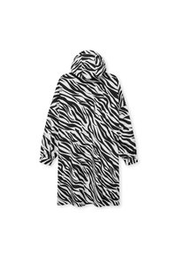 Dlouhý kabát s kapucí s černobílým vzorem zebřích pruhů, elastickými manžetami a rovný střihem, zobrazený zezadu.