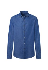 Camicia in denim blu scuro con maniche lunghe, colletto classico e orlo dritto, con bottoni bianchi lungo la parte anteriore.